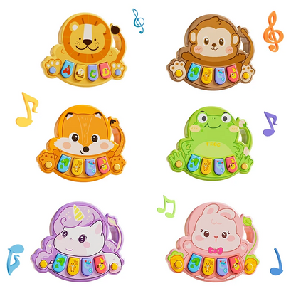 Educational musical animal piano toy with a child's hand reaching for a key.
