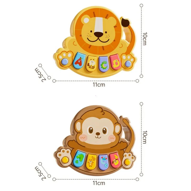 Kids piano toy with a cat, dog, and duck button, promoting musical exploration.