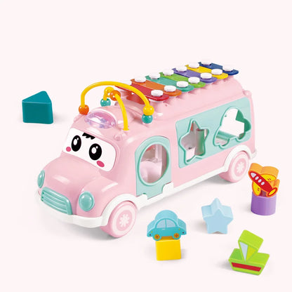 Colorful children's musical bus toy, enhancing sound and motor skill development for toddlers.