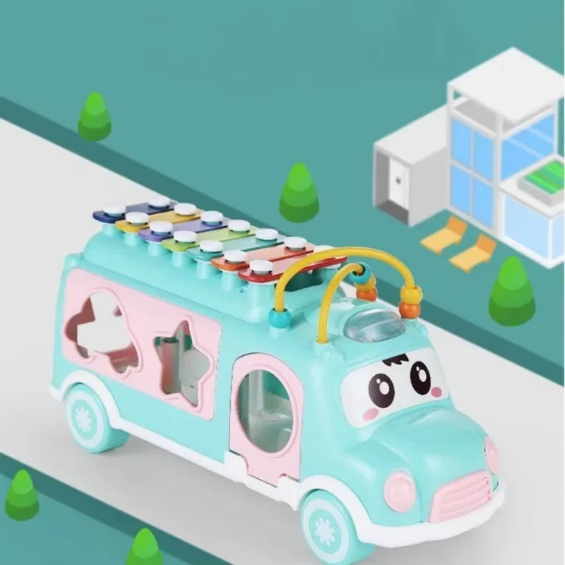 Educational musical bus toy designed for children, promoting motor skills and sound recognition.