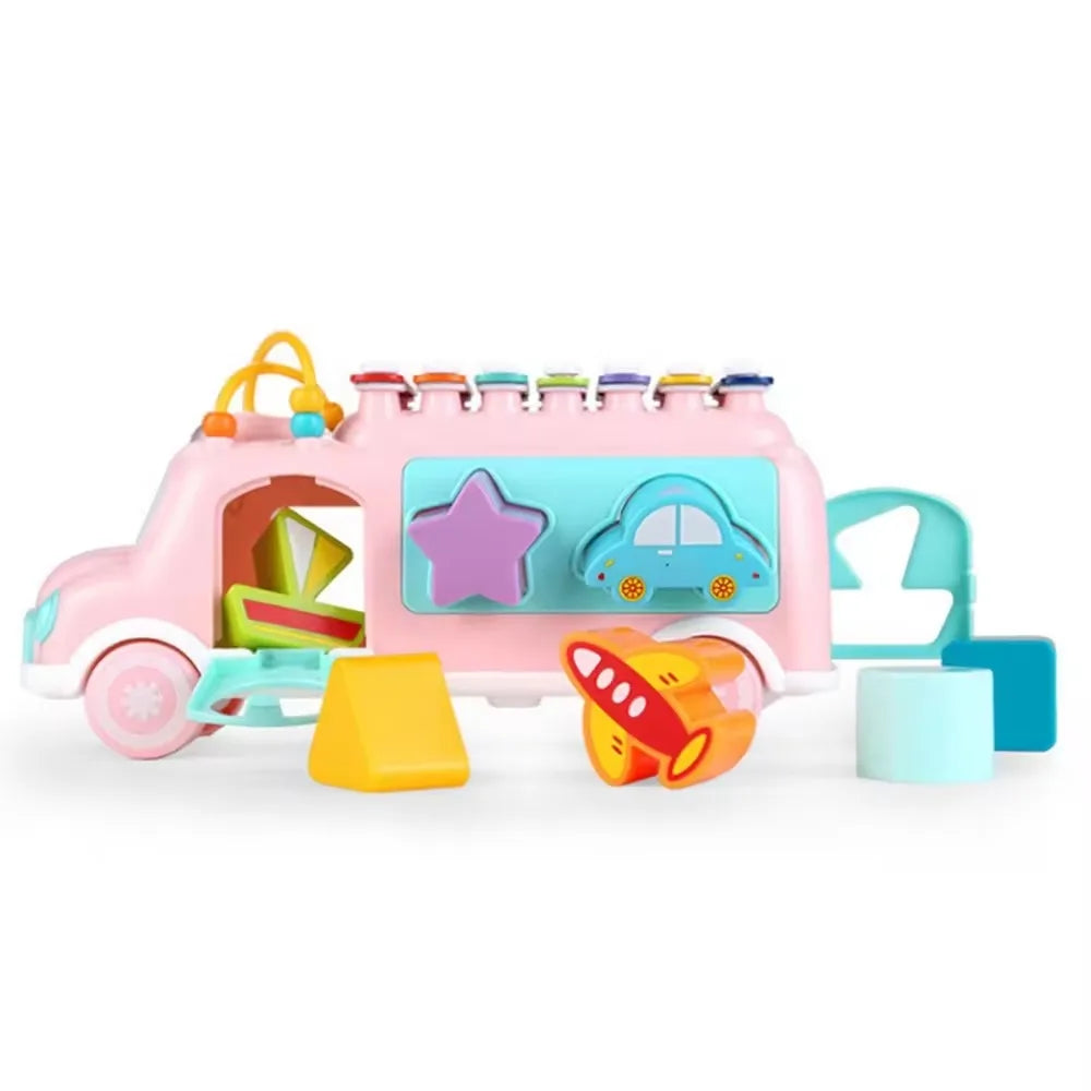 Vibrant bus-shaped musical toy for children, aids in motor skill development and auditory learning.