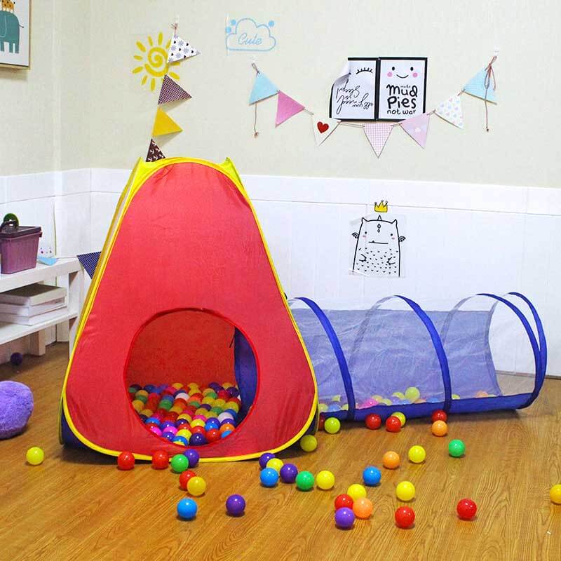 Colorful children's pop-up play tent with attached tunnel for indoor or outdoor fun, a perfect toddler toy.