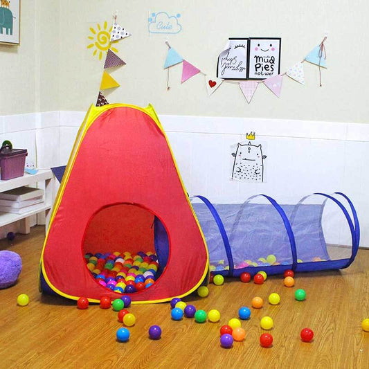 Colorful children's pop-up play tent with attached tunnel for indoor or outdoor fun, a perfect toddler toy.
