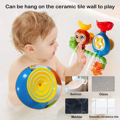Kids activity: innovative suction cup track water game bath toy mounted on a tiled wall