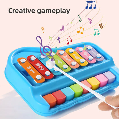 Toddler playing joyful melodies on a multi-octave xylophone and piano educational toy