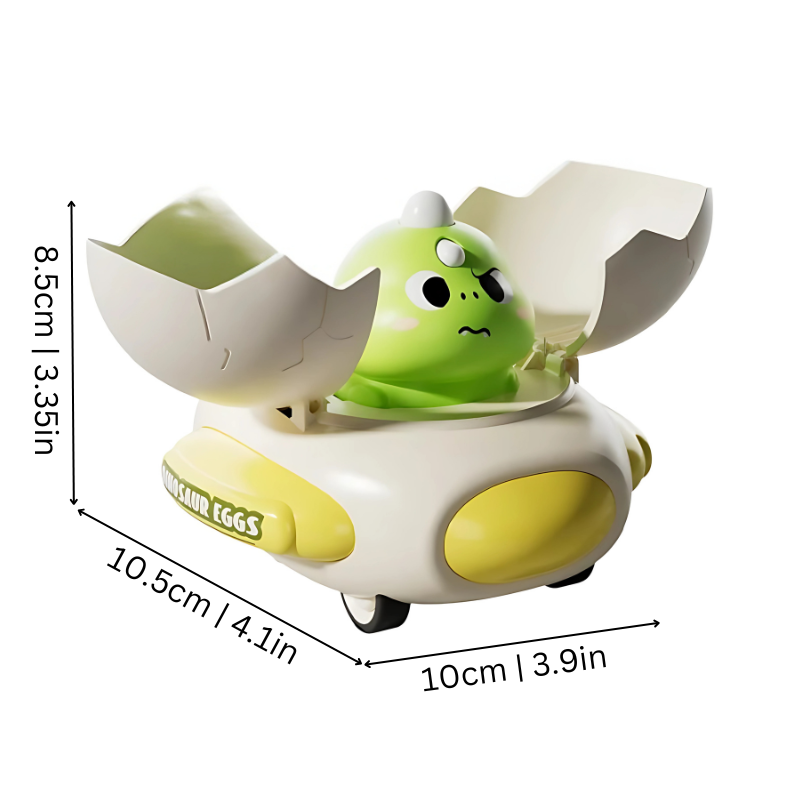 Toddler pulling back a Durable dinosaur egg racing toy on a white background