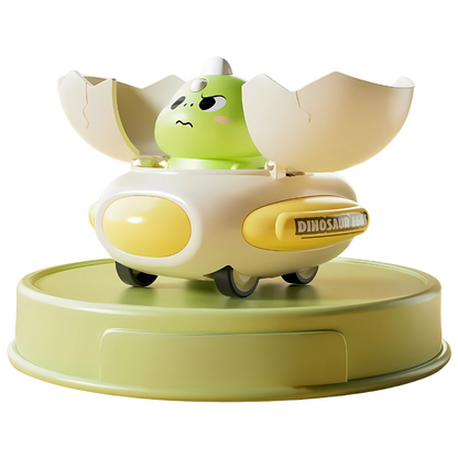 Child's hand reaching for a surprise dinosaur egg pull-back racing toy, educational fun