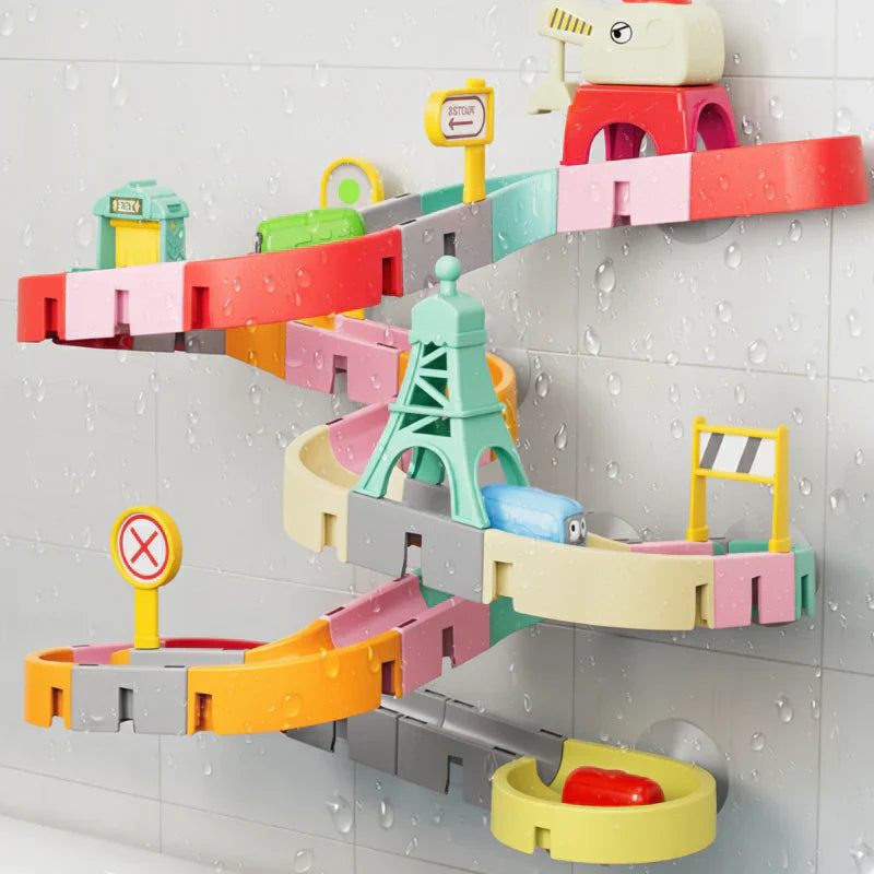 Colorful DIY bath water slide toy set for toddlers, promoting interactive water play fun.