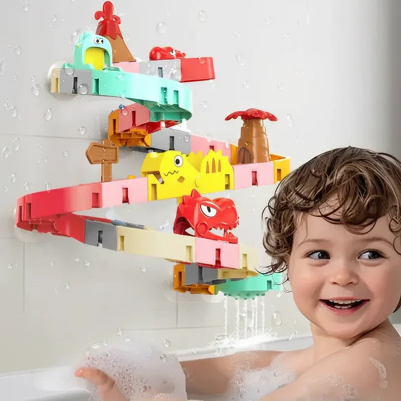 Kids' interactive bath toy featuring a modular water slide, perfect for creative and educational play.