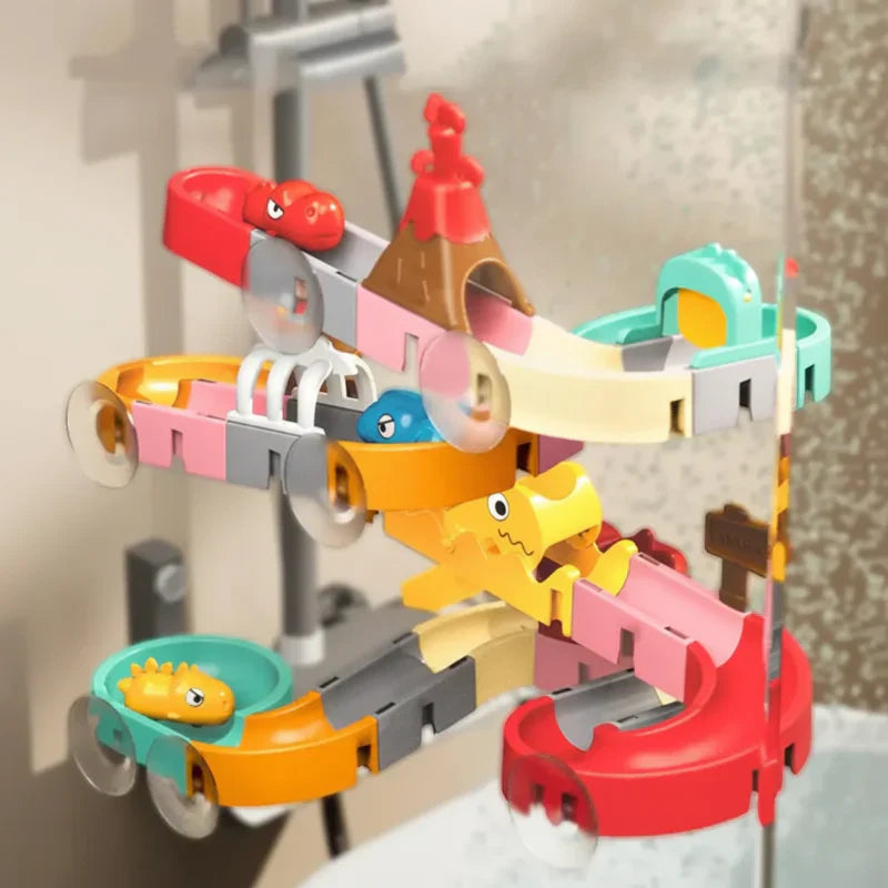 Toddler enjoying a DIY bath water slide toy set, enhancing motor skills and water fun.