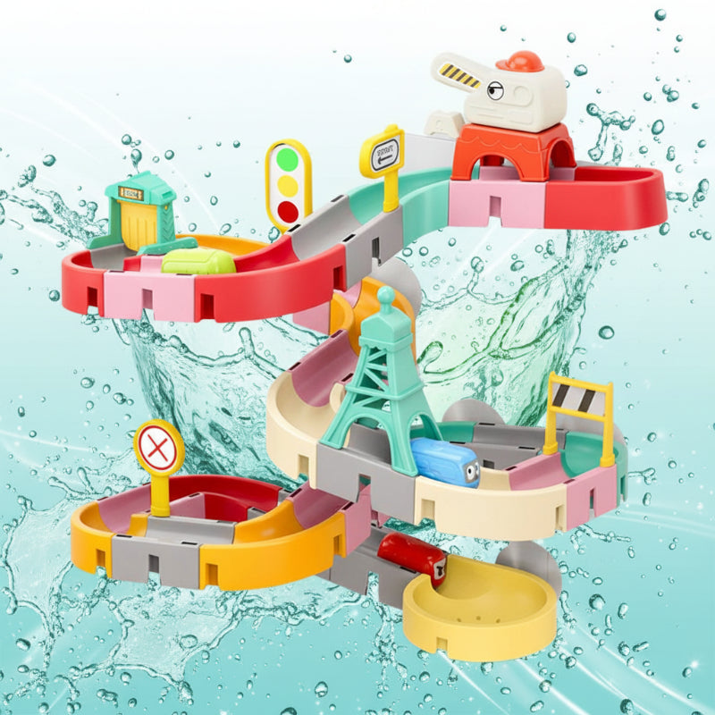 Brightly colored interactive bath water slide kit, an engaging DIY toy for kids' bathtime.