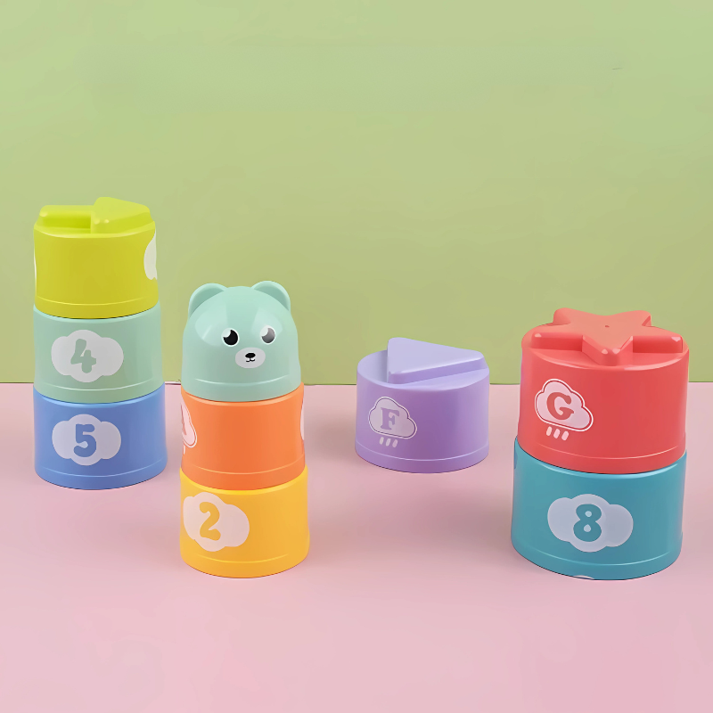Colorful educational stacking cups for toddlers, promoting fine motor skills and early learning through play.