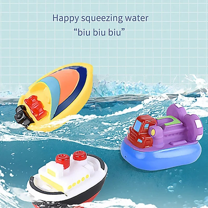 Toddler playing with vibrant floating bath boat set, sensory educational toy for baby bath