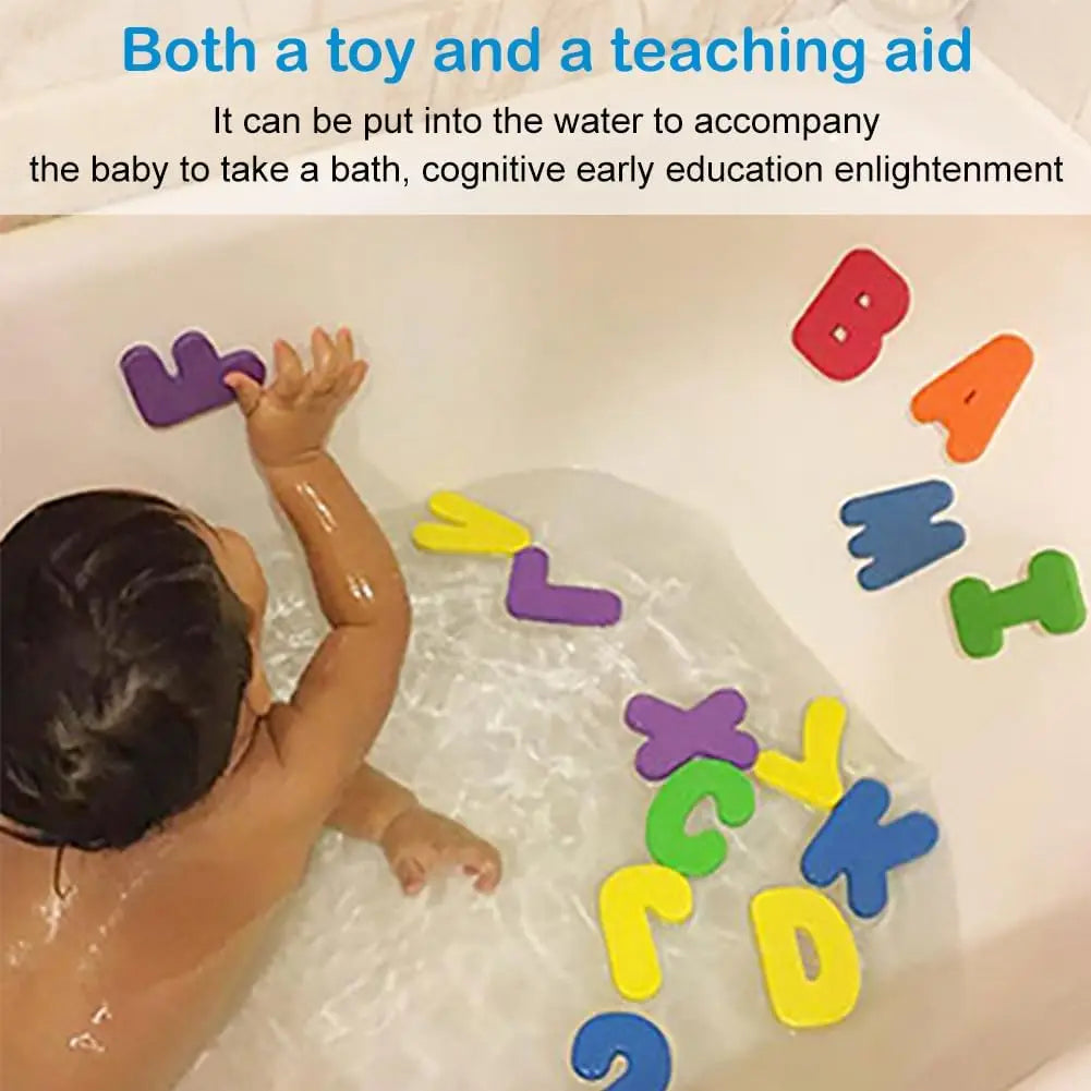 Close-up of a child's hand playing with an orange foam letter 'A' and number '3' in the bathtub.