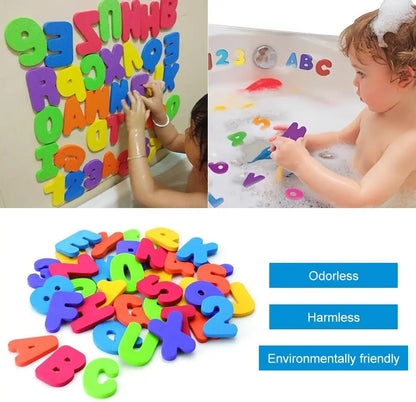 Complete set of educational foam letters and numbers, neatly arranged, perfect for toddler learning & bath play.
