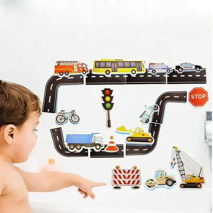 Colorful foam traffic bath toys set for kids, cars, boats & signs, creative water play for toddlers