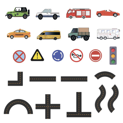 Kids' foam traffic bath toys featuring car, airplane, boat, and road signs, ideal for early learning