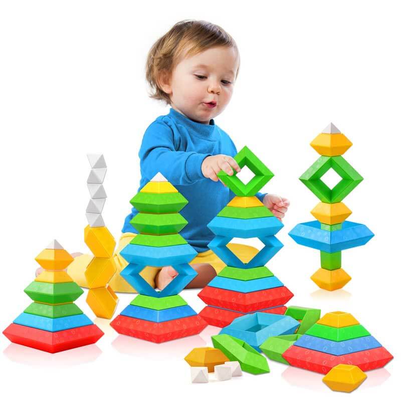 Colorful geometric pyramids stacking blocks for kids' educational play, Montessori STEM toy