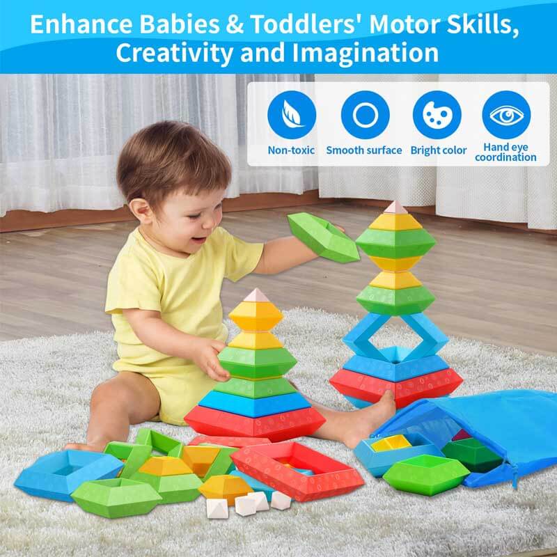 Kids building with multicolored geometric stacking blocks, promoting early preschool learning