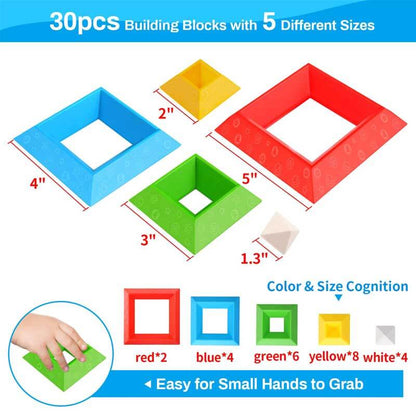 Montessori-inspired geometric stacking blocks in pyramid shapes for kids' creative building