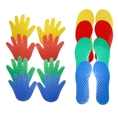 Kids' educational pathway game with bright hand and foot shapes, perfect for sensory and coordination play.