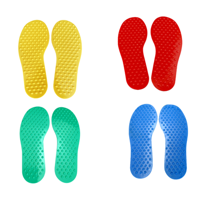 Preschool children using a colorful hand and foot pathway mat for fun, active, and sensory coordination training.