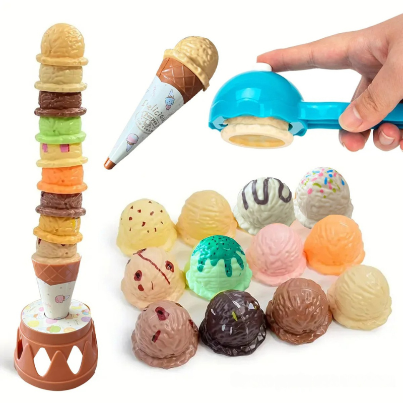 Colorful ice cream stacking game for kids, promoting fine motor skills and early learning through play