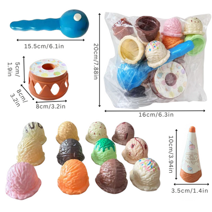 Toddler stacking game with ice cream scoops and cones, a fun educational toy for developing fine motor skills