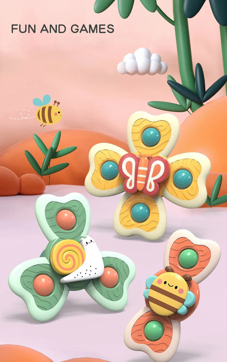 Stress relief insect spinning tops with suction cups, perfect baby toy and travel toy for toddlers.
