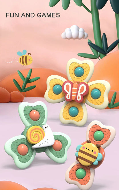 Stress relief insect spinning tops with suction cups, perfect baby toy and travel toy for toddlers.
