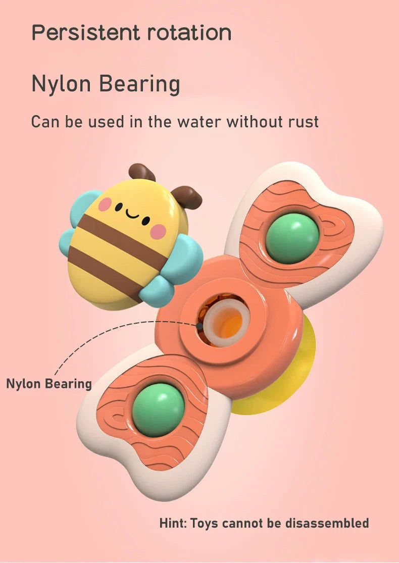 Toddler insect spinning tops, suction cup base for easy play, encourages educational and fine motor skills.