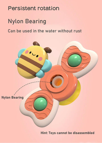 Toddler insect spinning tops, suction cup base for easy play, encourages educational and fine motor skills.
