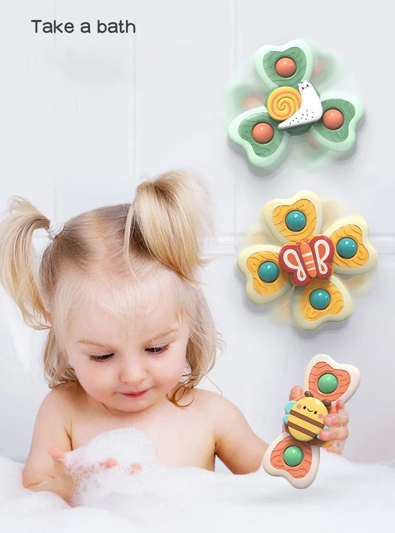 Educational insect spinning tops for toddlers, suction cup feature for interactive fine motor play.