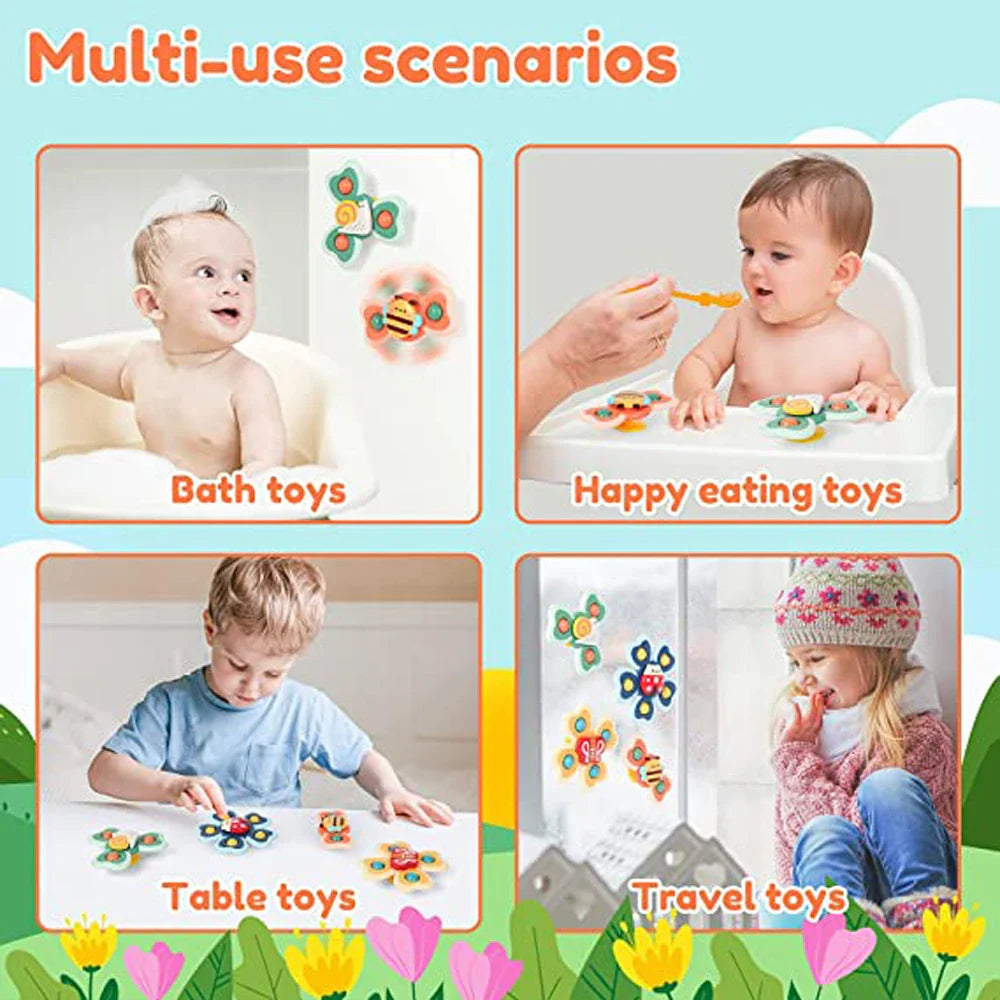 Educational play insect spinning tops, suction cup base perfect for baby toys and preschool learning.