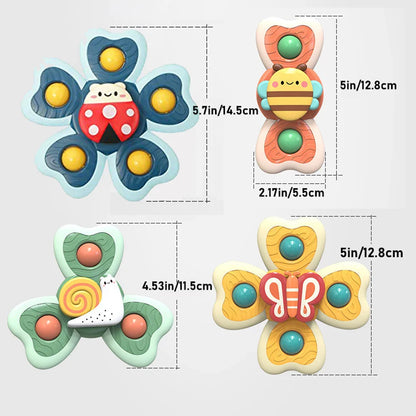 Baby toys: insect-themed suction cup spinning tops, engaging and fun for fine motor skill development.