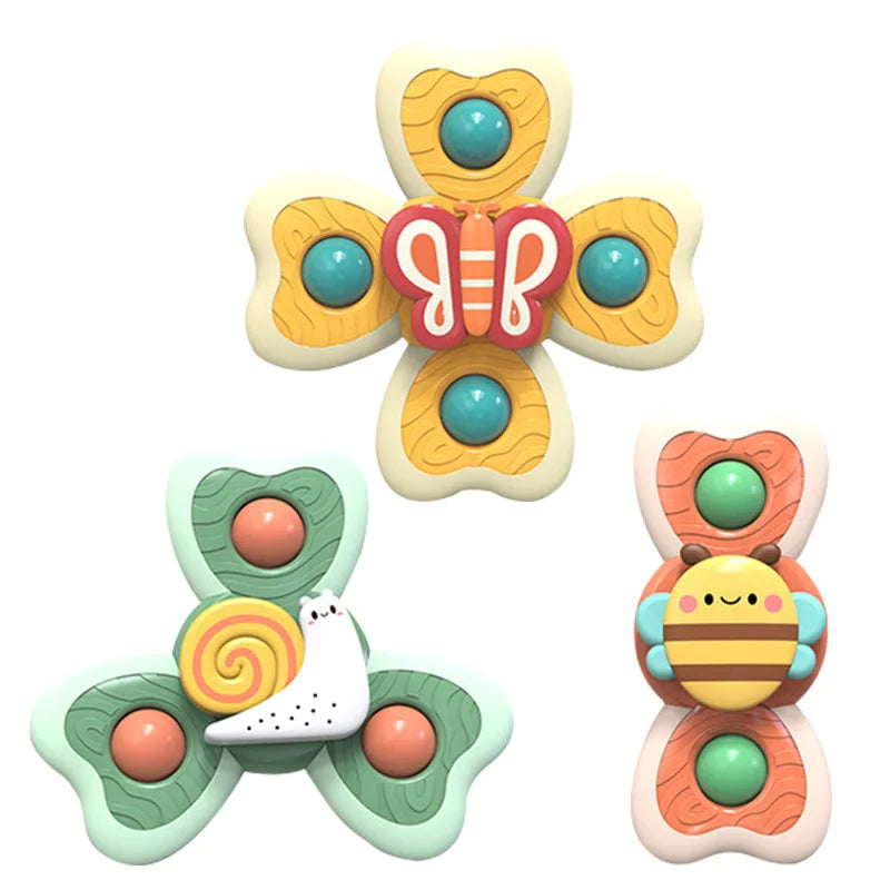 Suction toy insect spinning tops, colorful and durable for toddlers, aids in early fine motor skills.