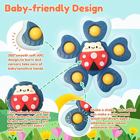 Preschool learning insect spinning tops with suction cups, great for baby gifts and educational play.