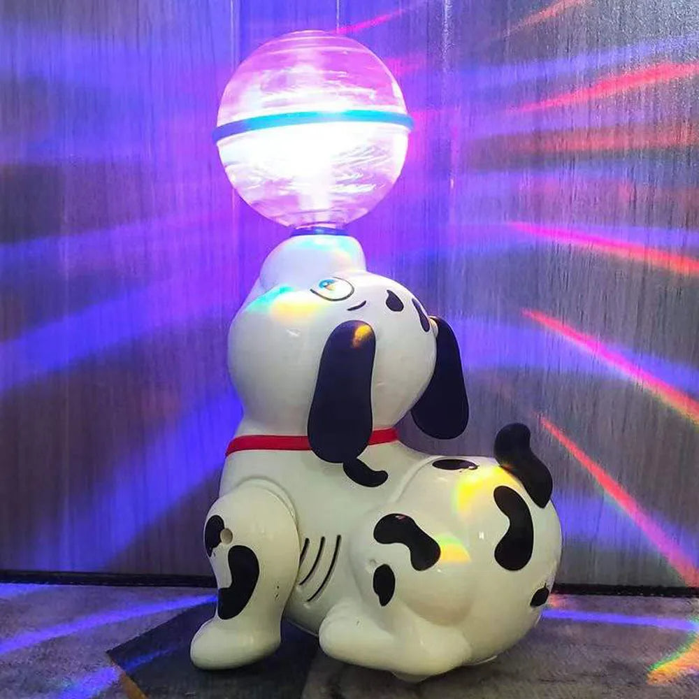Toddler playing with an educational dancing pet toy, a fun plastic toy for young children.