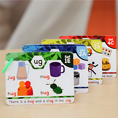 Colorful interactive phonics flash cards for early learning, aiding preschool and kindergarten reading.