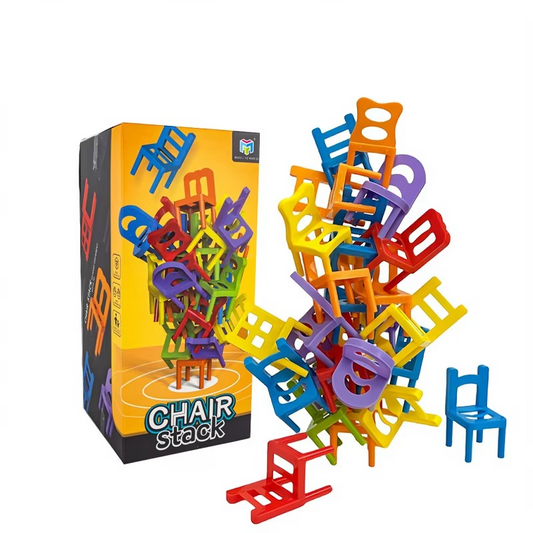 Colorful interactive stacking chairs game for kids, promoting creative play and problem solving skills.
