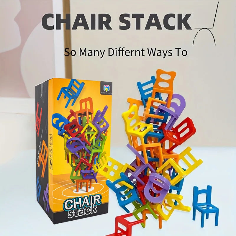 Kids playing an educational stacking chairs game, a fun interactive building toy for family.
