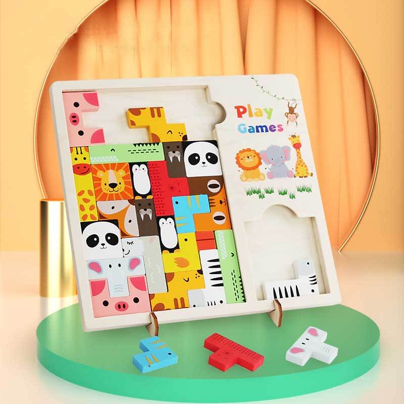 Colorful interactive wooden animal puzzle educational toy for kids & adults, made from beech wood.