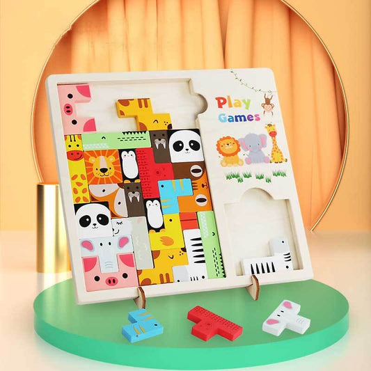 Colorful interactive wooden animal puzzle educational toy for kids & adults, made from beech wood.