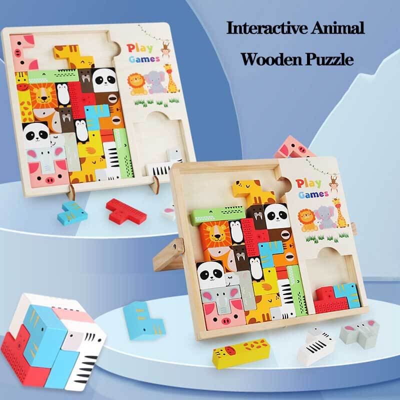 Close-up of beech wood animal puzzle pieces, an engaging educational toy for all ages.