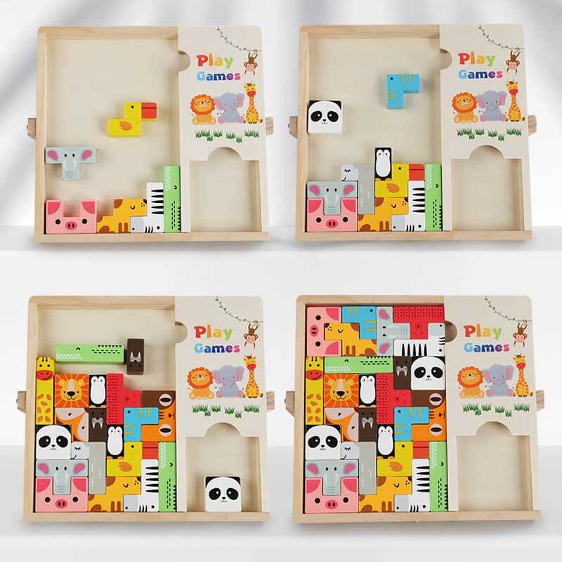Kids playing with a vibrant interactive wooden animal puzzle, promoting learning and fun.