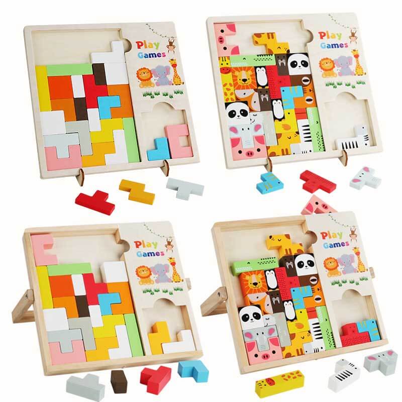 Wooden animal puzzle with various shapes, a durable beech wood brain teaser and family game.
