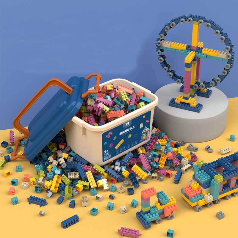 Kids playing with vibrant educational interlocking building blocks, STEM toy