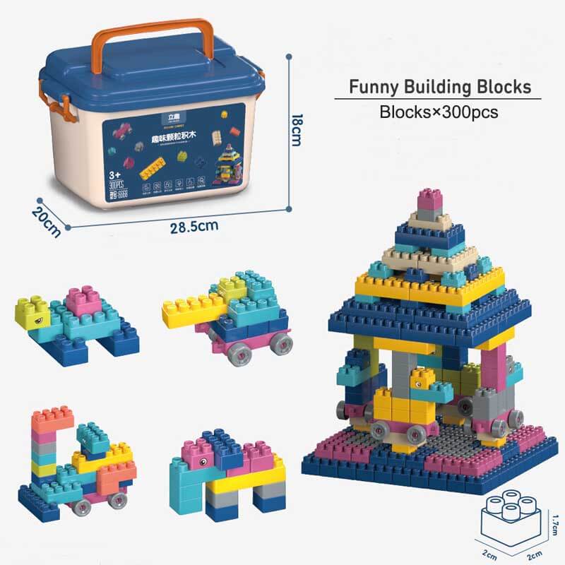Brightly colored interlocking blocks arranged to show architectural possibilities