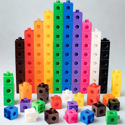 Colorful interlocking plastic cubes in various sizes, for educational building and math activities.