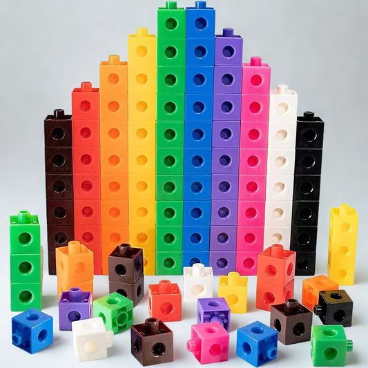 Colorful interlocking plastic cubes in various sizes, for educational building and math activities.